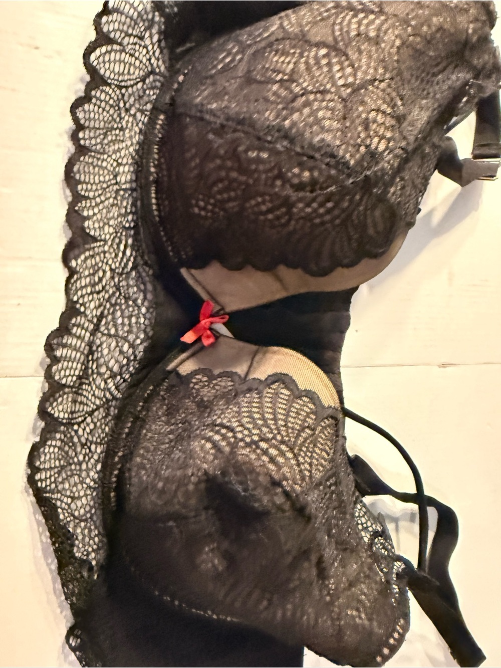 Cacique Black Lace Underwire Bra with Red Bow Accent